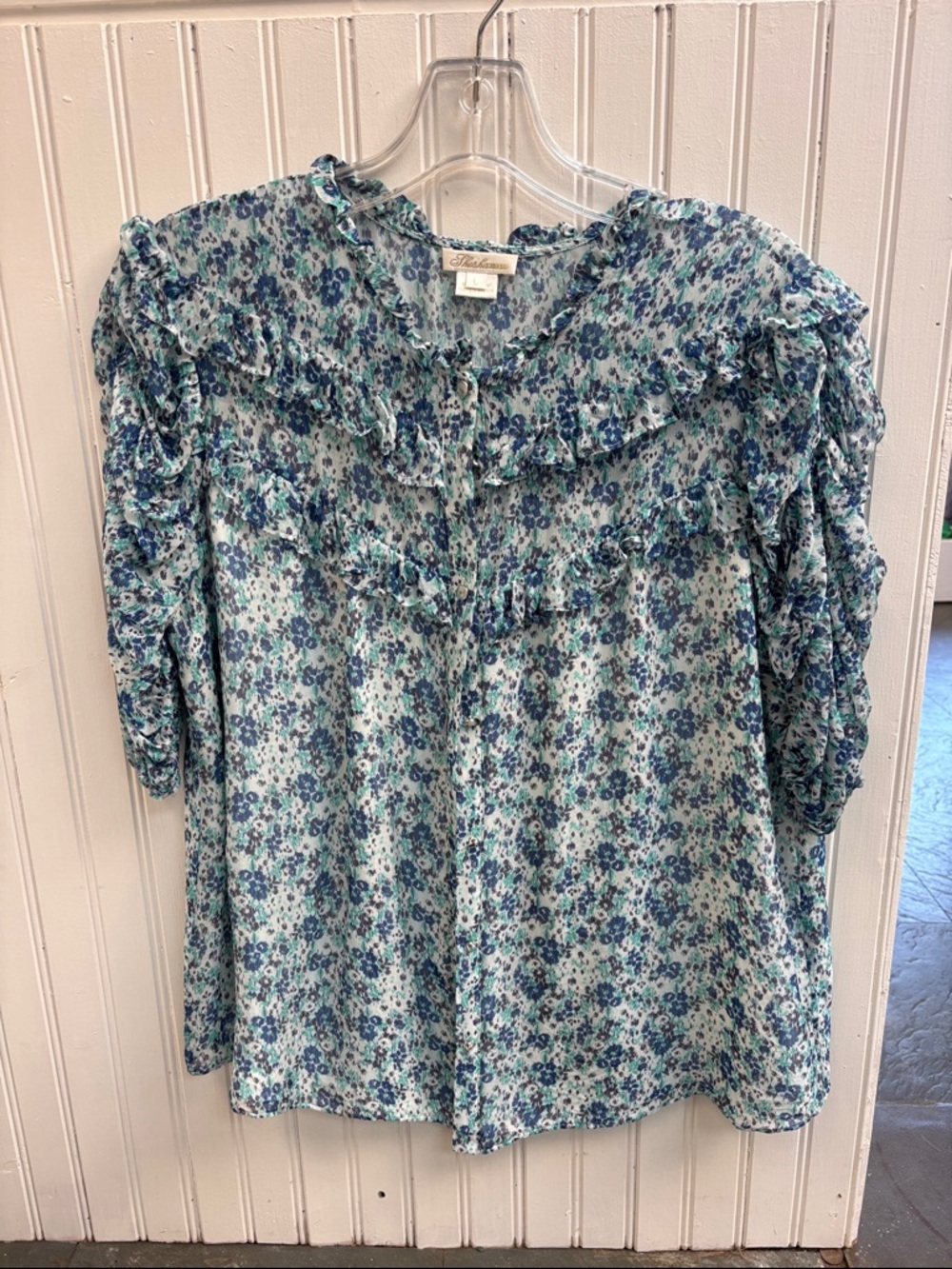 Shoshanna Light Blue Floral Ruffle Blouse L - EUC